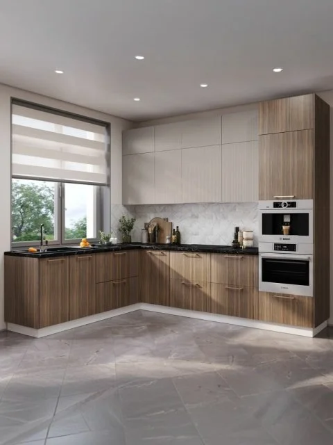 Кухонный гарнитур Гола №4 3х2,21м МДФ белый/кашемир/шпон орех со столешницей